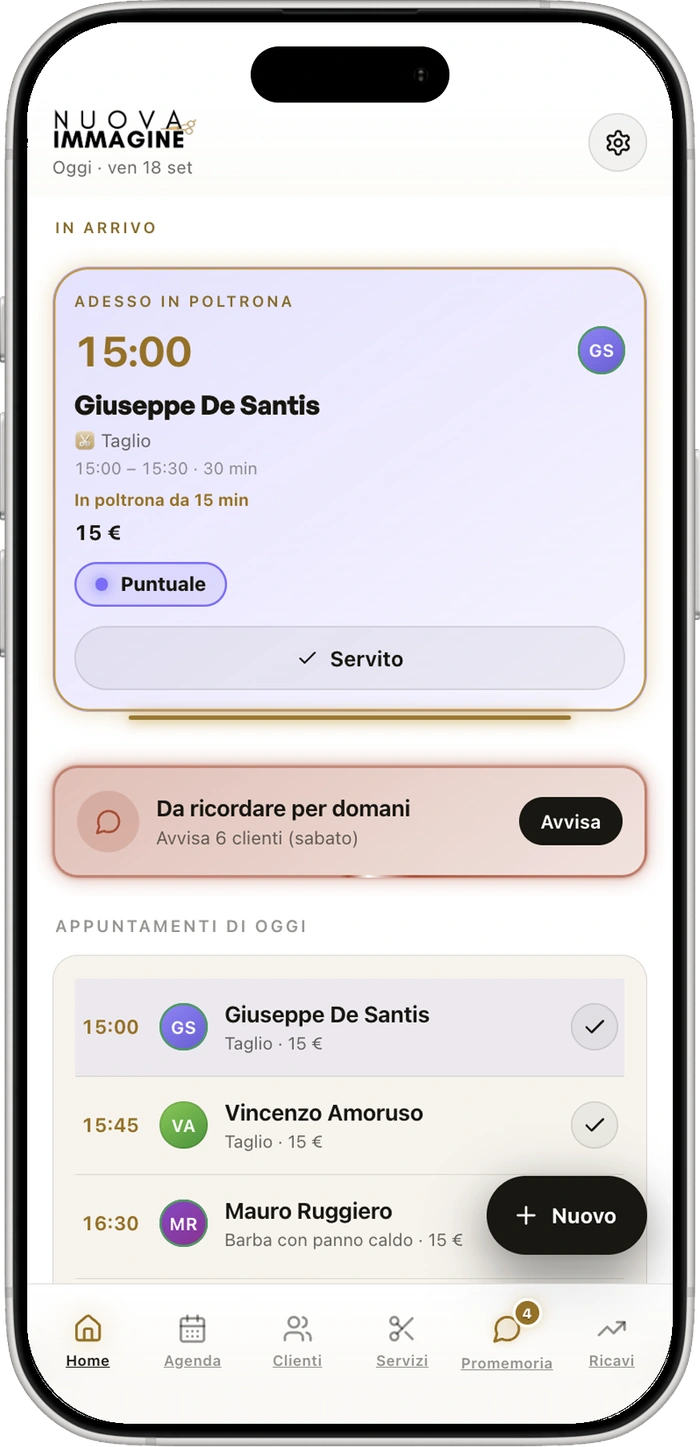 Nuova Immagine: daily dashboard with the client in the chair