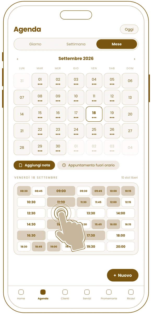 Nuova Immagine wireframe: monthly agenda, tapping a free slot