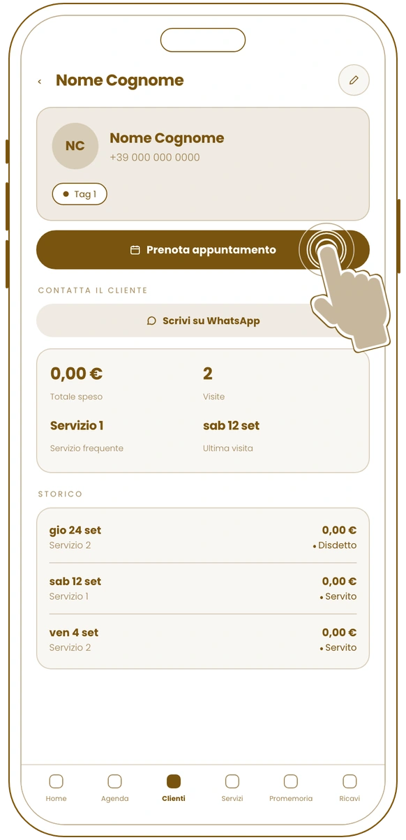 Nuova Immagine wireframe: client profile, tapping Book appointment