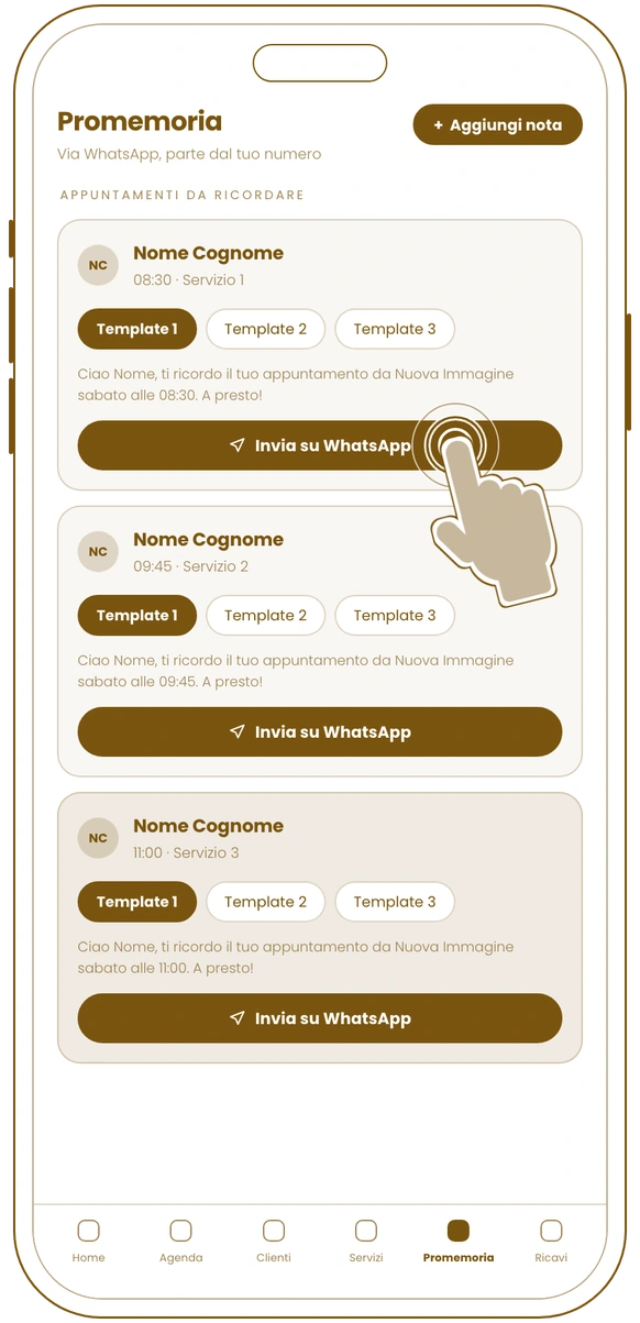 Nuova Immagine wireframe: WhatsApp reminders, tapping Send