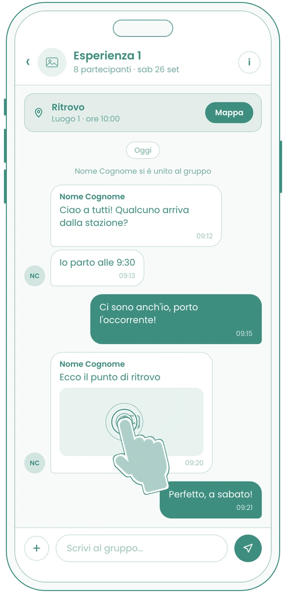 Vibly wireframe: group chat of an experience, tapping the meeting point